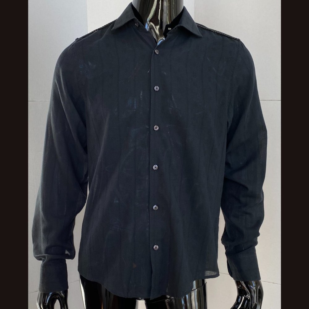 Dulce de Leche Black Leather Corded Shoulder Button Down Shirt Size L Large